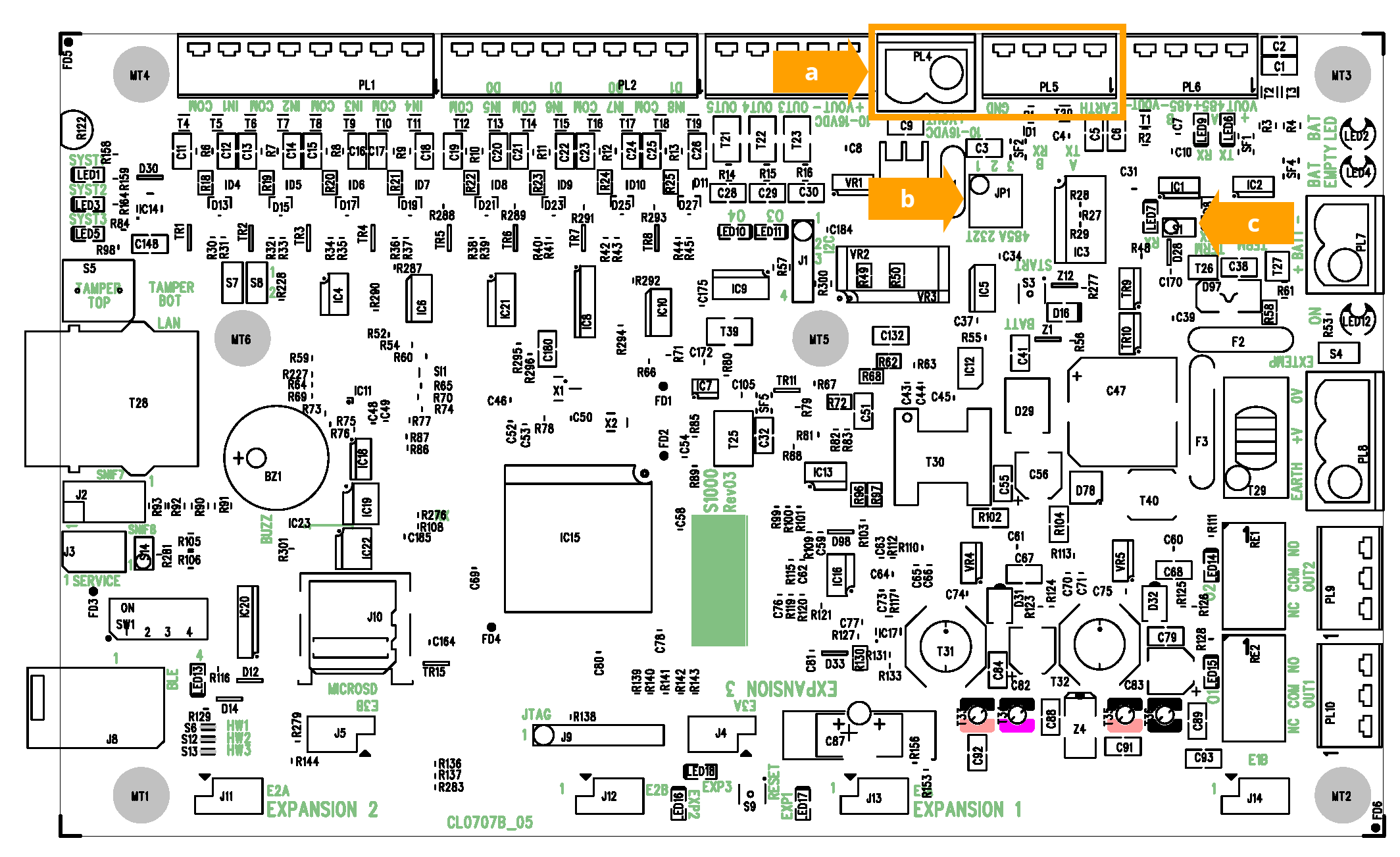 Wiring connections on the S1000 labeled for the Inovonics Receiver.