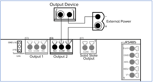 Relay output wiring with no termination link NC with external power supply.