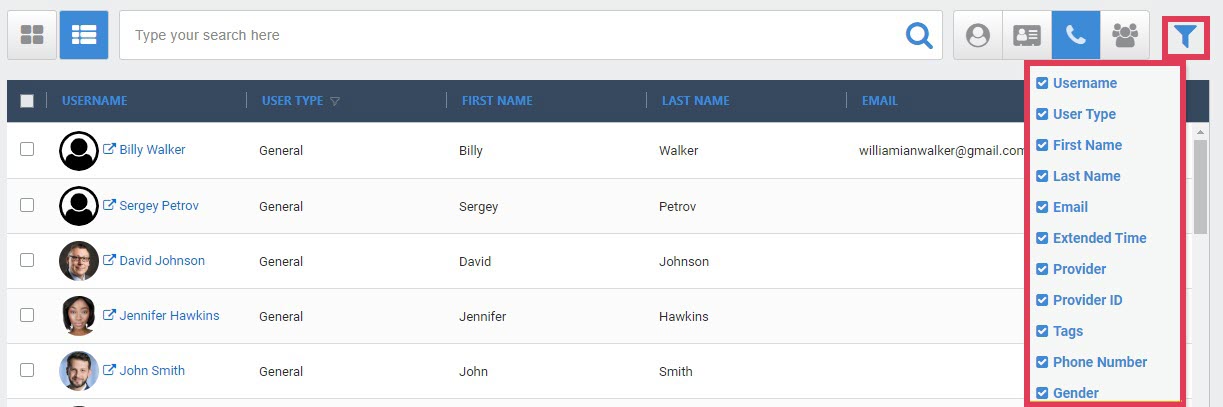 Click image to enlarge, click again to close. Available filter options in the Users module.